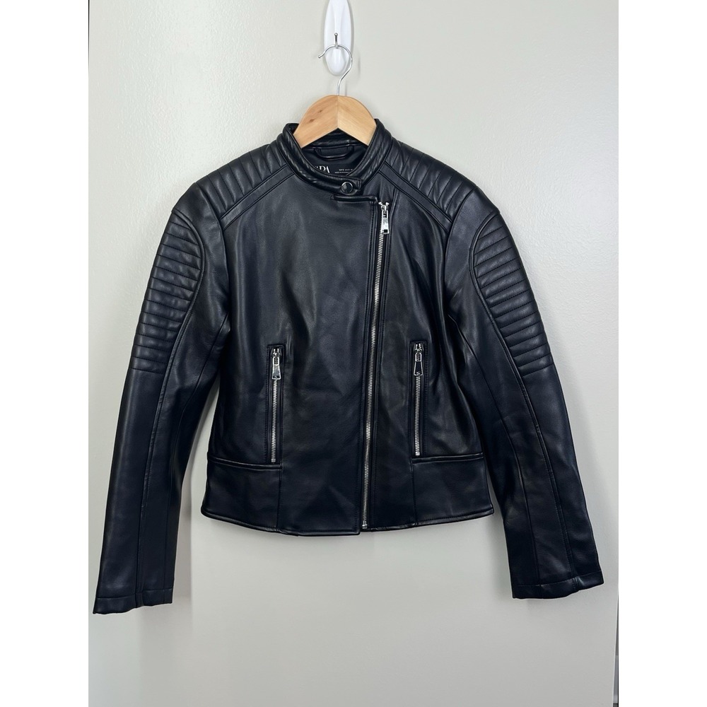 Zara Woman Faux Leather Biker Jacket Black Grange Festival Rave Sz Sm (flaw)